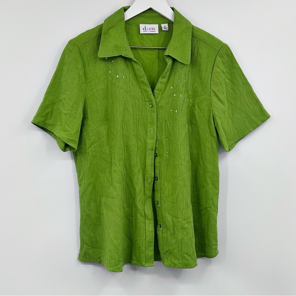 Vintage Y2K Fairycore Green Sequins Short Sleeve Button Down Shirt Size Medium